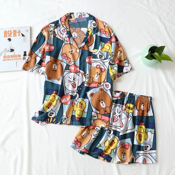 가죽쟁이 반바지투피스 면파자마 여성 여름반팔 순면 인조솜 실내복 홈웨어 와이드 루즈핏 얇은 투수영복