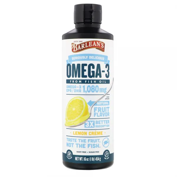 Barleans 발린스 오메가3 피쉬 오일 레몬 크림 454g Omega-3 Fish Oil Lemon Creme 16 oz, 1개