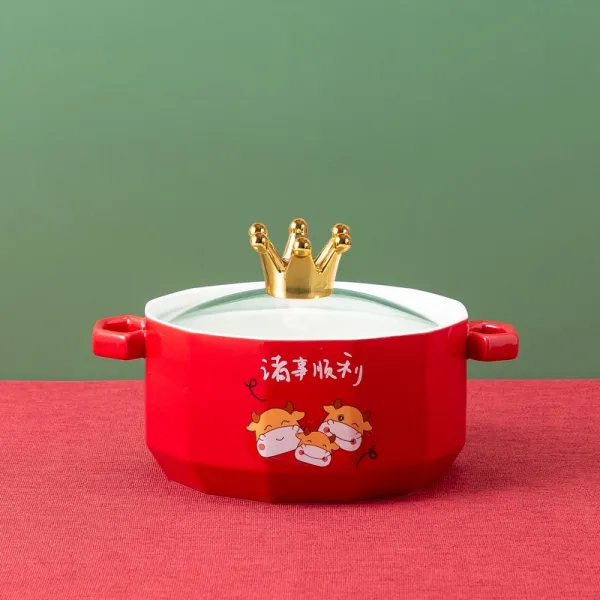 야베스무역 도자기밥그릇 큐티 소 년 더블 귀 양수 덥개 포함 선물 라면 가정용 국공기 사무실 식당 신선도유지 소 년 여러 가지 일 순조롭다 덮