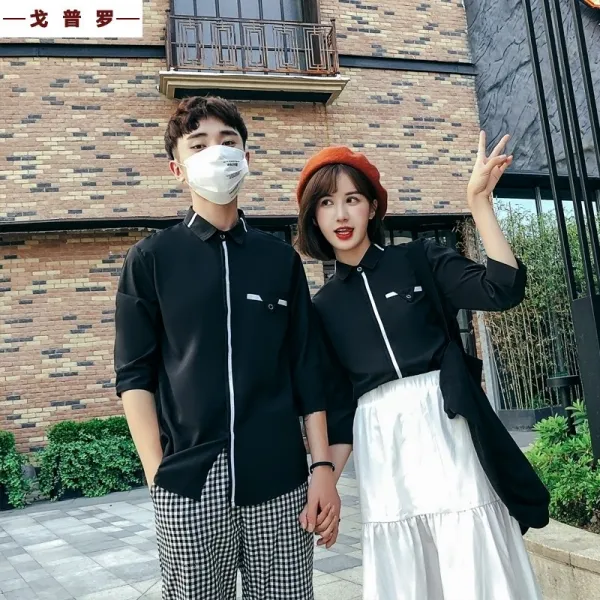 여름 남성 양식 INS 유행 와이셔츠 의복의 습도 해변 결혼 등기부등본 커플룩 반팔