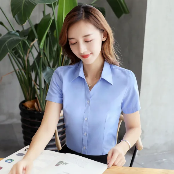 오피스룩 블루 여성 셔츠 단색 반팔 V칼라슬림한스타일 작업 작업복 긴팔 평직 면접 출근