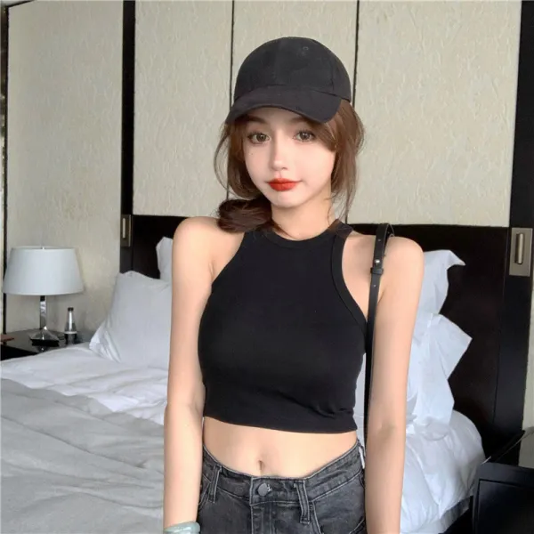 Sorfil 면 홀터넥 라운드 민소매 스몰 나시 여성복 이너탑