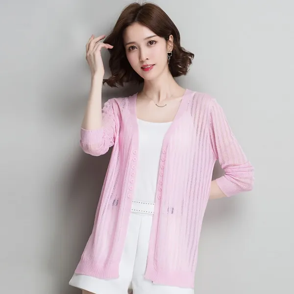 패션이루 미시 미디 여름 가디건 슬림핏 시스루 긴팔 니트 여성