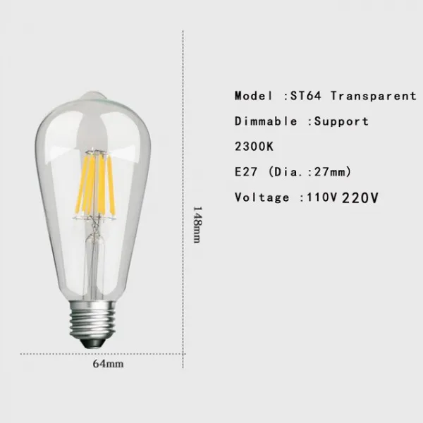 글램파티 디 밍이 가능한 빈티지 E27 LED 필 라 멘 트 전구 ST64 4W 6W 8W 레트로 에디슨 램프 110V 220V, 03 8W_01 그렇습니다_01 220V, 02 ST64 Transparent