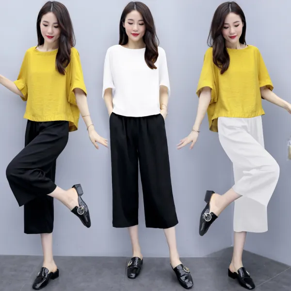 데일리룩 패션 심플 린넨2피스 솔리드 라운드 상의x7부바지 코디 루즈핏 데일리