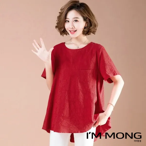 아이엠몽 여성빅사이즈티셔츠 라운드넥 연두 그린 레드 네이비 남색 반팔 썸머 여름 SS 데일리 편한 시원한 가벼운 자주입는 유행 블라우스 치히로