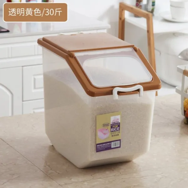플라스틱밀폐용기 게량컵증정 용기 밀가루통 50근포장 플라스틱통 .저금통 수납합 쌀통 먼지걱정없는 밀봉된 세트, T19-V55-L23-업그레이드형 :30근 식투명 노란