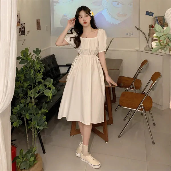 실사 빅 사이즈 통통 MM 디자인 감각 허리 사이사이 벌룬 소매 조임 밴딩으로 날씬해 보이는 햅번룩쁘띠블랙스커트