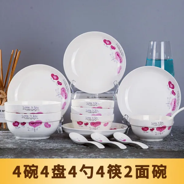 수저세트 18받침대 세트포장 파손 배상책임 가정용 도자기그릇 판수저 징더전 전자레인지, T17-마음 상응 4밥그릇 4판 4젓가락 4매트