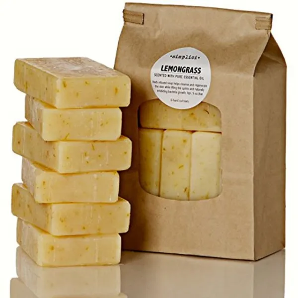 Simplici Lemongrass 금송화 비누. 6 벌크 팩. 레몬 그라스 퓨어 에센셜 오일로 향이납니다. 팜유 무료. 코코넛 오일 15 %. 오래 견딘 잿물 비누. 5 . EA. 전통 (비건 채식주의 자) 조리법., 1