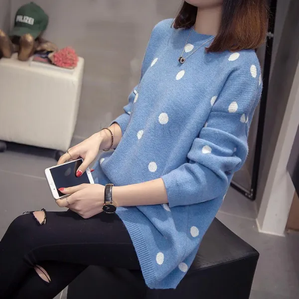 Kirahosi 가을 겨울 여성 도트 땡땡이 라운드 니트 스웨터 + 덧신 증정 Dfz0gpu4