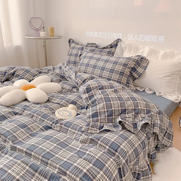 얼룩 고양이 밤을 새우다 18건 봄계절 순면 코튼 풀패딩 네 틀에 박힌 격자 스크림 비품을 내다, 부드러운 단도 블루
