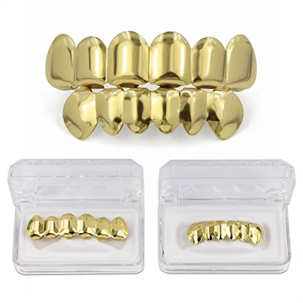 JINAO 18K 골드 도금 6 Tooth 톱 바닥 세트 금니 Top Bottom Grillz Teeth Caps Hip Hop Gri