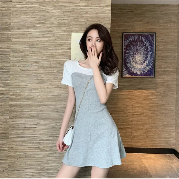 소중수 허리 날씬해 보이는 티 글자 원피스