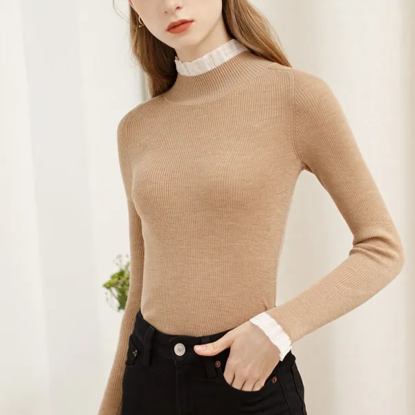 클라쓰인테리어 긴팔 이너셔츠 겨울 가을 반령 이너웨어 반폴라 이너티셔츠 여성 소매 레이스 러플 상의 스웨터 울니트 트렌드