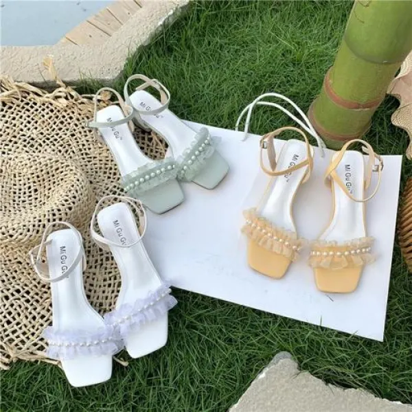 2019 여자 여름 샌들 여성용 레이스 진주 레이스 단어 제곱근 샌들