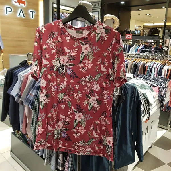 Pat 꽃무늬 라운드 여성 반팔티셔츠 긴팔 티셔츠 버건디