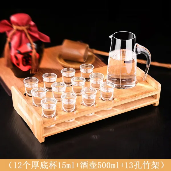 고량주잔 인생술잔 사케 위스키 백주 주기세트, (12 두꺼운 바닥 컵 15ml + 엉덩이 플라스크 500ml + 13 홀 대나무 랙)개