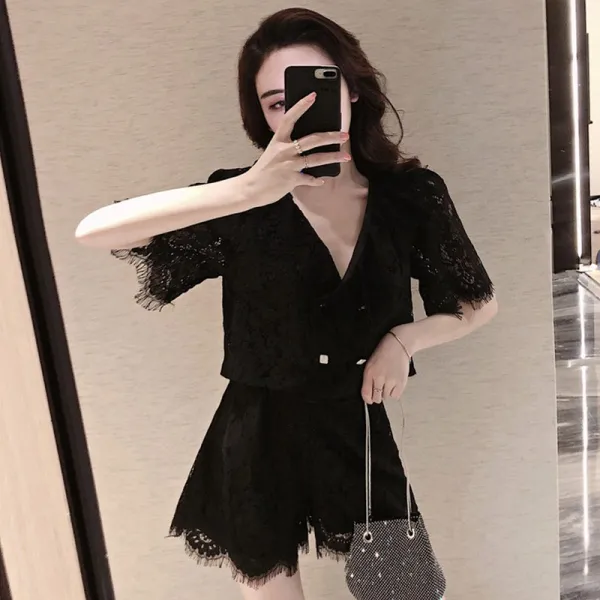 Sg인터네셔널 반팔투피스세트 나이트클럽 여성의류 브이넥 누차 에어 여름 숏 레이스반바지 투수영복 야간공연