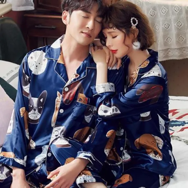 커플 파자마 잠옷 봄과 가을 커플 잠옷 여자 긴 소매 실크 얇은 여름 실크 슬립 한국 남자 홈 서비스 세트