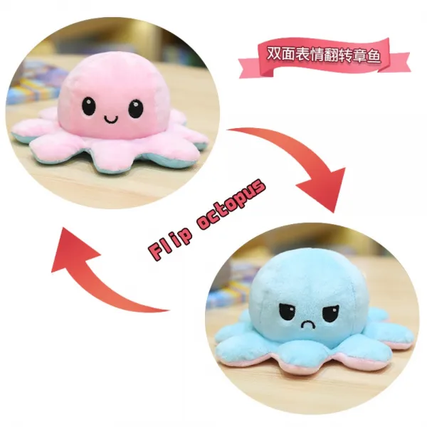 문어 인형 양면 표정이 변하는 뒤집기 반전 리버시블 애착인형 친구선물, 하늘색이 핑크색으로 바뀌다, 30cmcm
