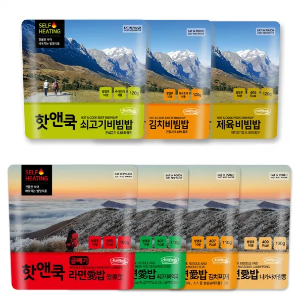 이지밥 핫앤쿡 발열도시락 7종 세트 숟가락포함 전투식량 찬물부어 먹는 발열 비상식량 캠핑 등산 낚시 차박 백패킹, 7개, 120g/110g