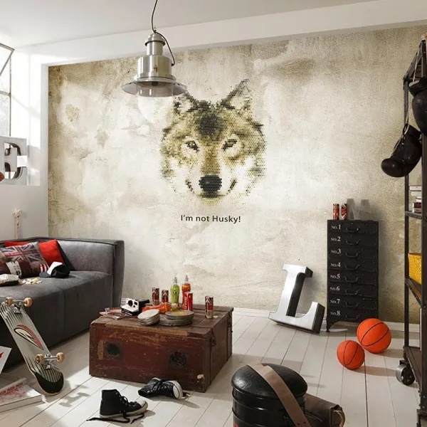 거실벽화 클래식 머리 닮다 공업 풍 시멘트 애완동물 펫 시베리안 허스키 낙서벽 종이 심플 복장가게 뮤럴 3059072169, 5D 오목볼록 실크 천 심리스 / 제
