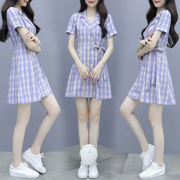 자줏빛 치마 여름 정장 넥원피스 밴딩 슬림핏 체크무늬 스커트 여자 미디