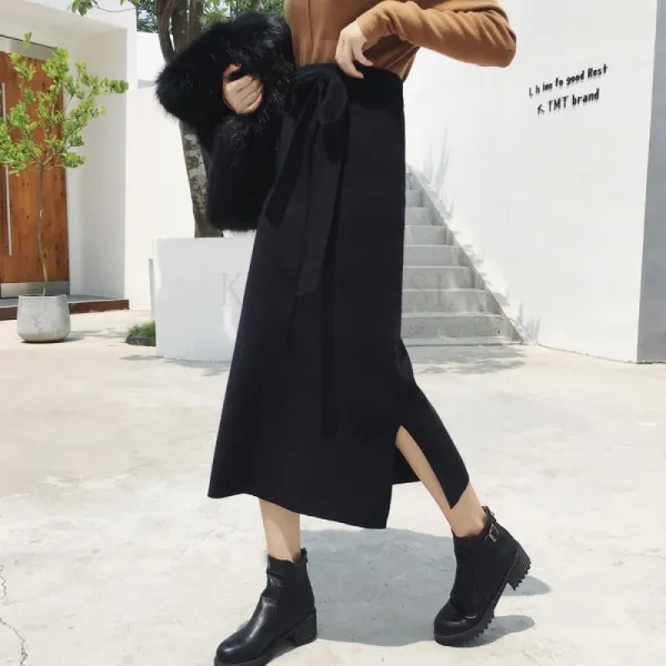 Kirahosi 여자 니트 스커트 허리 리본 벨티드 니트 롱치마 + 덧신 증정 W6eerh9