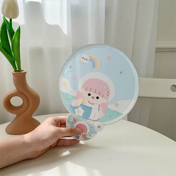 둥근 P애니메이션 소창 곰의 손잡다 부채를 흔들다 NS 뜻C 큐트 배우다 I생변명 V부채 여름 투명 원형 계절 긴 자루, 손잡이 있음 접이식 부채 (무지개 색