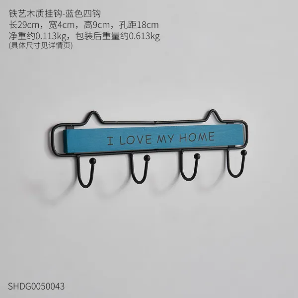 어반30 북유럽 벽 고정 옷걸이 행거 입주 후 신발장 열쇠 수납 선반걸이 탈 铁艺木质蓝色四钩【送强力粘钩2无痕挂钩2】