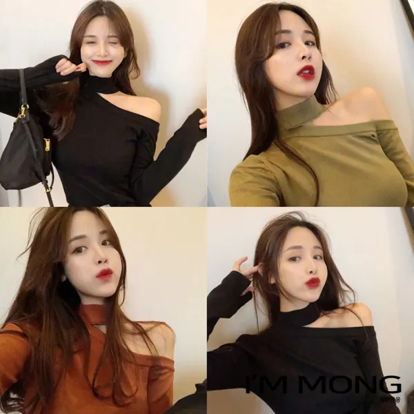 아이엠몽 여성 섹시 봄 가을 겨울 니트 반터틀 초커스타일 오픈숄더 블랙 오렌지 섹시니트 슬림핏 S라인