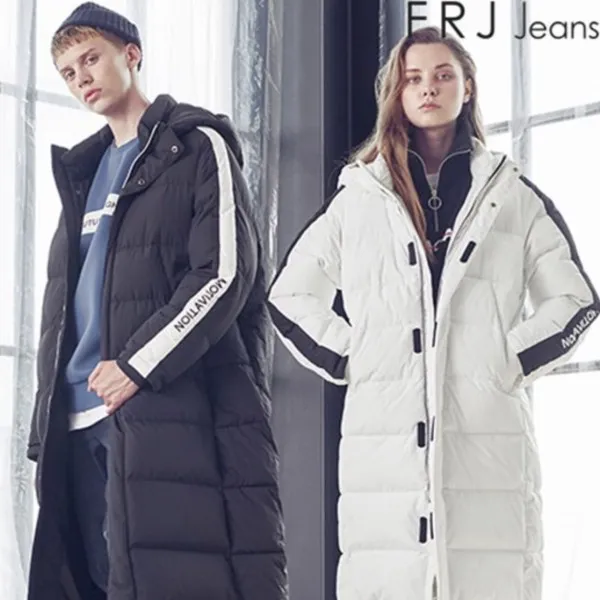 에프알제이 소매배색 풀 다운 롱 점퍼