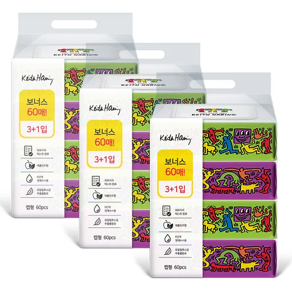한예지 키스해링 Play 물티슈 캡형 4개입 3팩