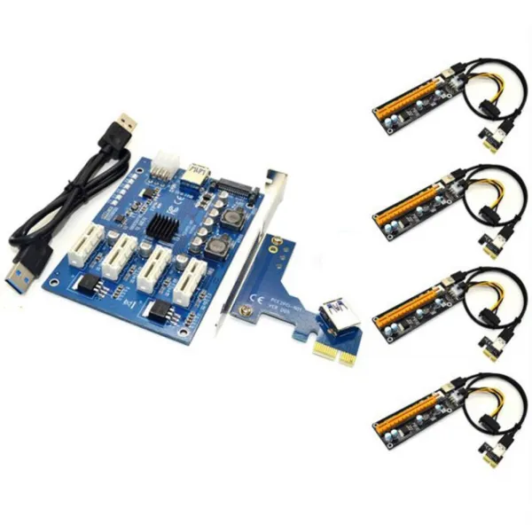 BTC 광부 광업을위한 PCI-E X1To4PCI-E X16 확장 키트 1To4 포트 PCI 익스프레스 스위치 승수 HUB 6 핀 USB 라이저 카드, 하나, 보여진 바와 같이