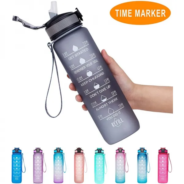 Giotto 32oz 대형 누설 방지 BPA 무료 식수 병 시간 표시 및 밀짚으로 하루 종일 충분한 물을 마시 게하, 1
