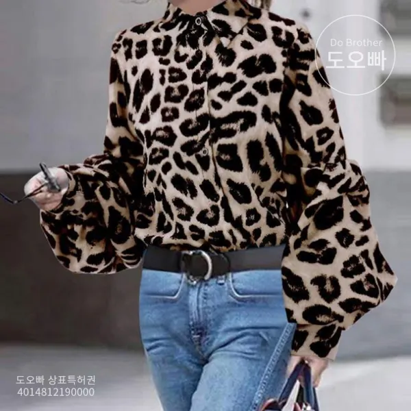도오빠 오버핏 여성 셔츠 남방 호피 레오파드 블라우스 벌룬 여자남방 여자셔츠 루즈핏 박시 퍼프소매 20대 30대 빅사이즈셔츠 패션 스타일리쉬