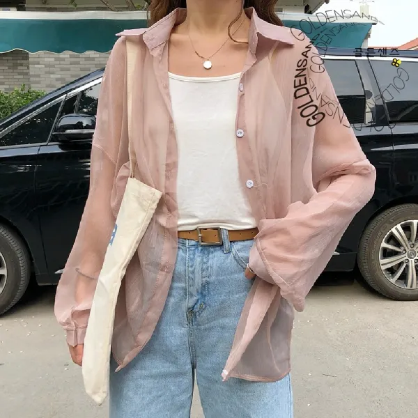 여성 데일리 여름 셔츠 얇은 시스루 긴팔 데일리룩
