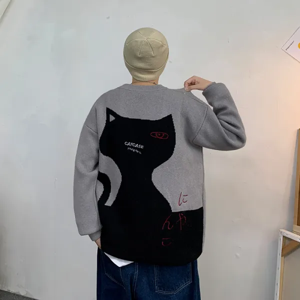 긴소매니트 베이다 모리 란 말 고양이 그림 탁자 스웨터 Ins 트렌드 뚱보 사이즈늘임 와이드 루즈핏