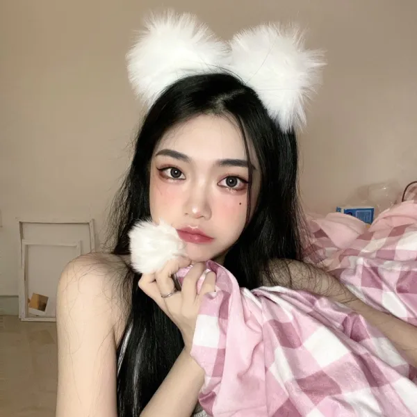 퍼니블럭&까페 슈퍼크립흑색 반다나 헤어밴드 터번 머리띠 화이트 솜털공 귀 헤어액세서리 COS 카메라 머리집게 고용인 여우