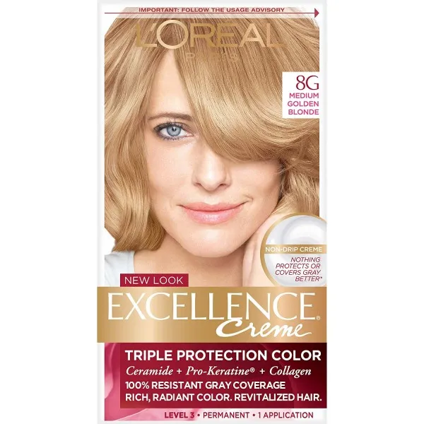 [L'Oreal Paris] 로레알 파리 우수 크림 퍼머넌트 헤어 컬러 8G 미디엄 골든 금발 100 % 그레이 커버리지 헤어 염료 1 팩, 단일상품, 단일상품