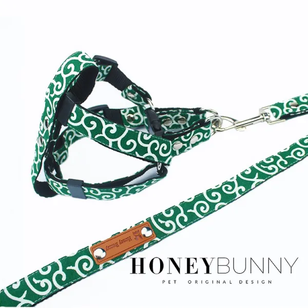 강아지목줄 honeybunny당초무늬 가슴과등 애견목줄 애완동물 목걸이 확장축소가능 일식 개줄, L- 큰개, 녹색 (가슴 받이 + 견인 로프)