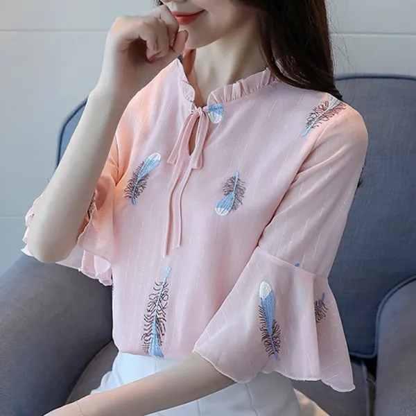 패션이루 쉬폰 프릴 블라우스 리본 셔링 칠부 여성 반팔HSC