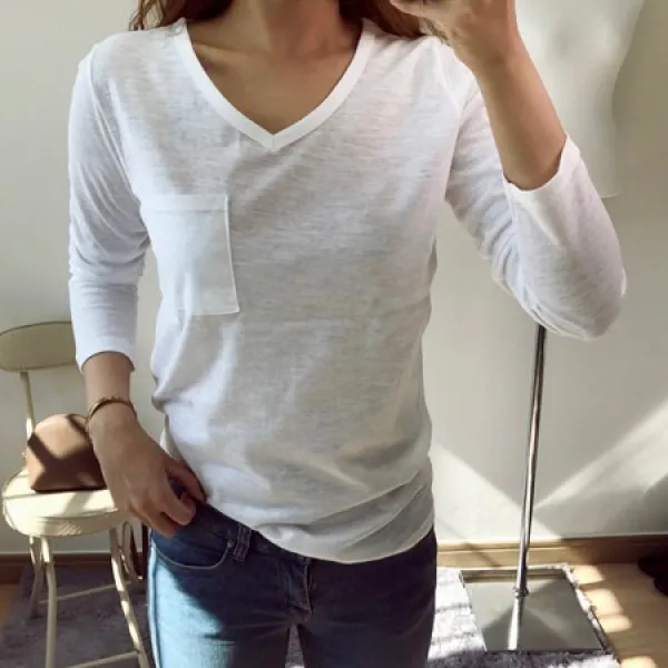 돌체비타 1+1 여름 기본 브이넥 슬라브 면 티셔츠 긴팔