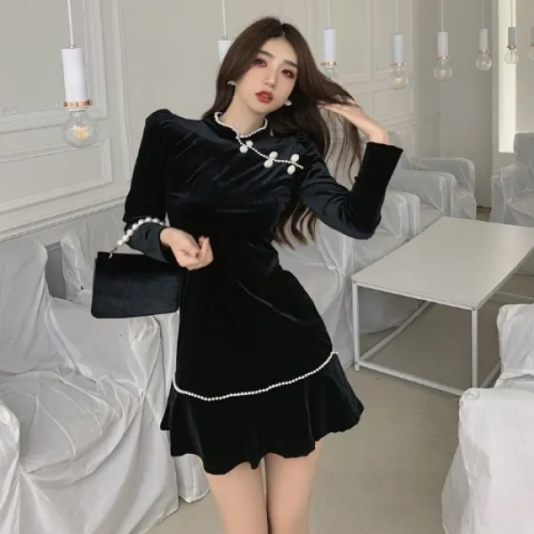 리폼 벨벳 겨울 가을 프렌치시크 클래식 허리 슬림 핏 라인을 과시 받다 치파오 스타일리쉬 여성 젊은 타입