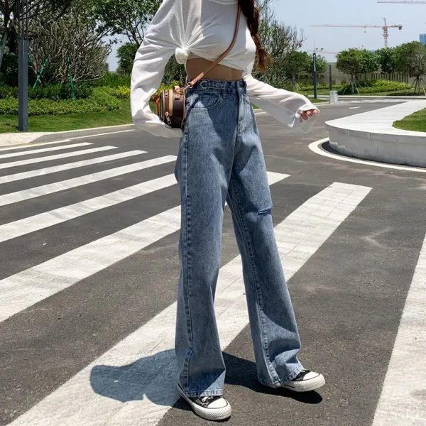 Apr.13 229번 봄가을 데님 팬츠 여자 여름 하이웨스트 슬림 스트레이트 와이드 팬츠 늘어짐이 보이는 팬츠Z