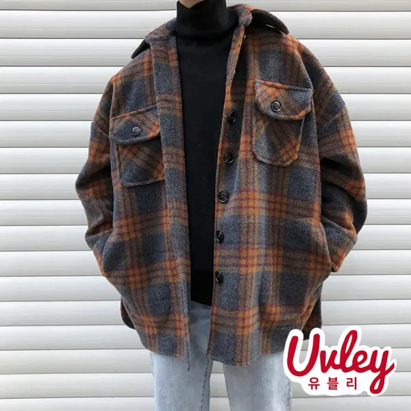 유블리 남성 체크 코트 귀여운 포켓 재킷 캐주얼 남친룩 요즘따라 셔츠인듯 셔츠아닌 셔츠같은 두툼한 남방 (UV2118112JH)