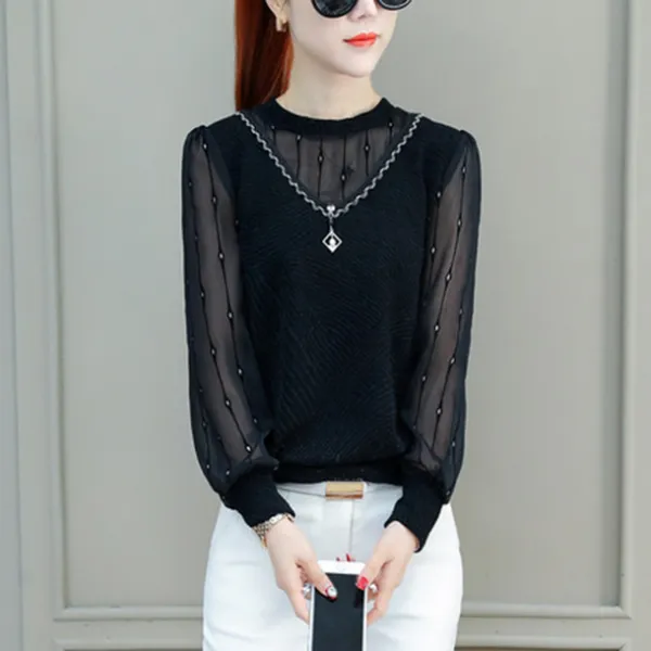 이우미 여성 가을 긴소매 망사 티셔츠 슬림핏 오피스룩 하객룩rp372