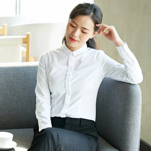 작업복 오피스 셔츠 여성긴소매 2019 스몰 칼라슬림한스타일 기질 위시엔웨어가공 화이트 정장 면, C01-화이트