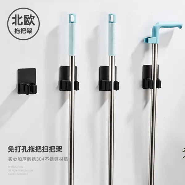 스테인리스 스틸 대걸레걸이 갈고리 무타공 화장실 수납 빗자루 강력함 고정 밀대걸레짜개 겹 벽 슬드거치대 1 클래식블랙 대걸레걸이 네 짝의 옷